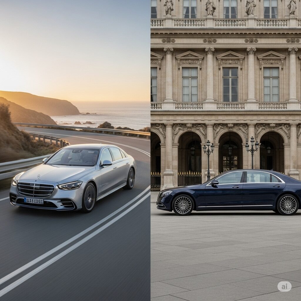 benz-s-class-true-difference サンセットの海岸線を走る銀色のメルセデス・ベンツSクラス(標準ボディ)と、豪華な建物の前に停車した紺色のメルセデス・ベンツSクラス(ロングボディ)を対比させた画像