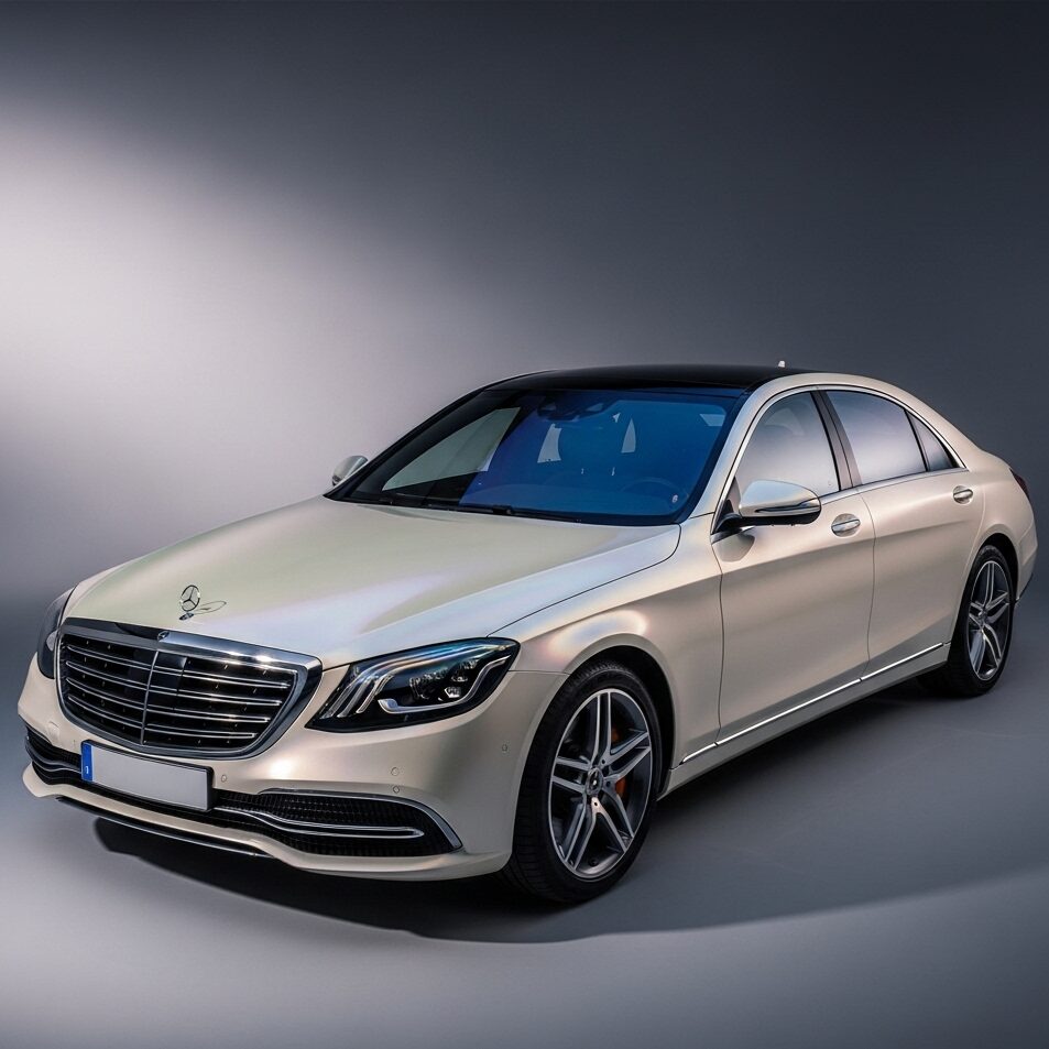 benz-white-color-psychology ニュートラルな背景で、光沢と奥行きのあるダイヤモンドホワイトのメルセデス・ベンツを撮影したスタジオの画像