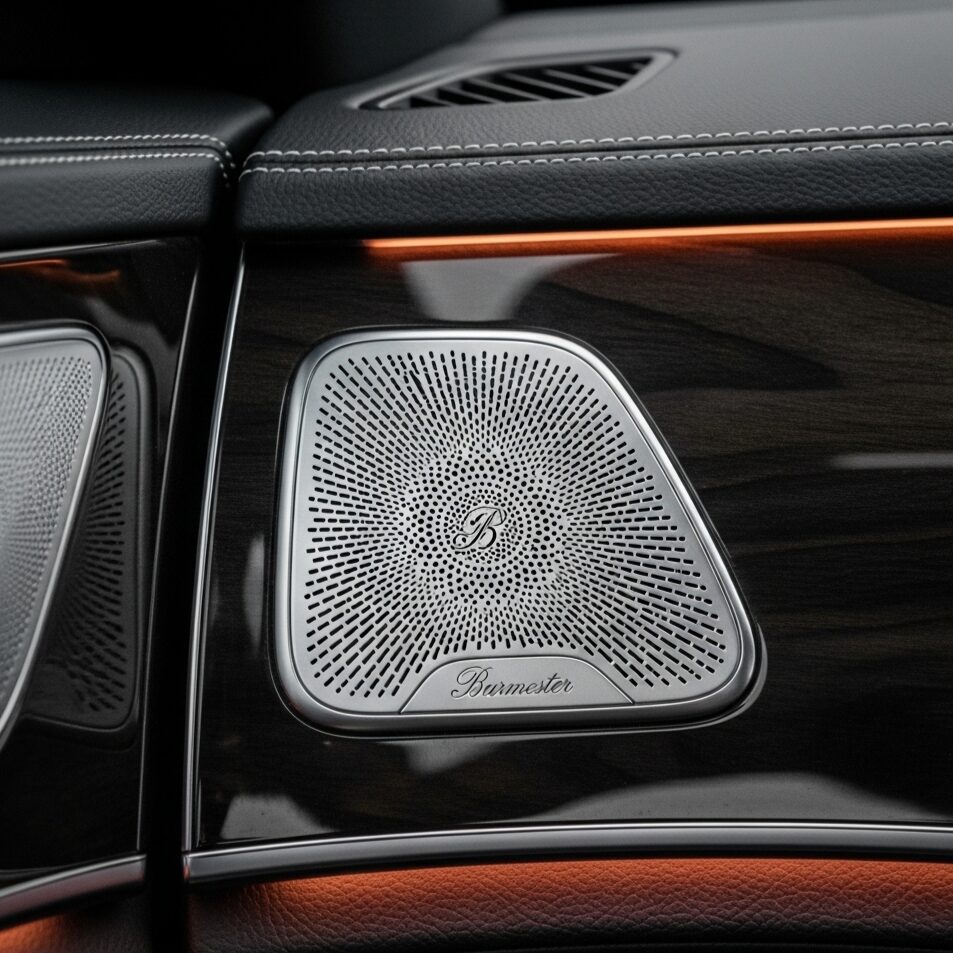 best-burmester-audio-settings ブラックレザーと木目調のパネルに埋め込まれた、ブルメスターのスピーカーを写した画像