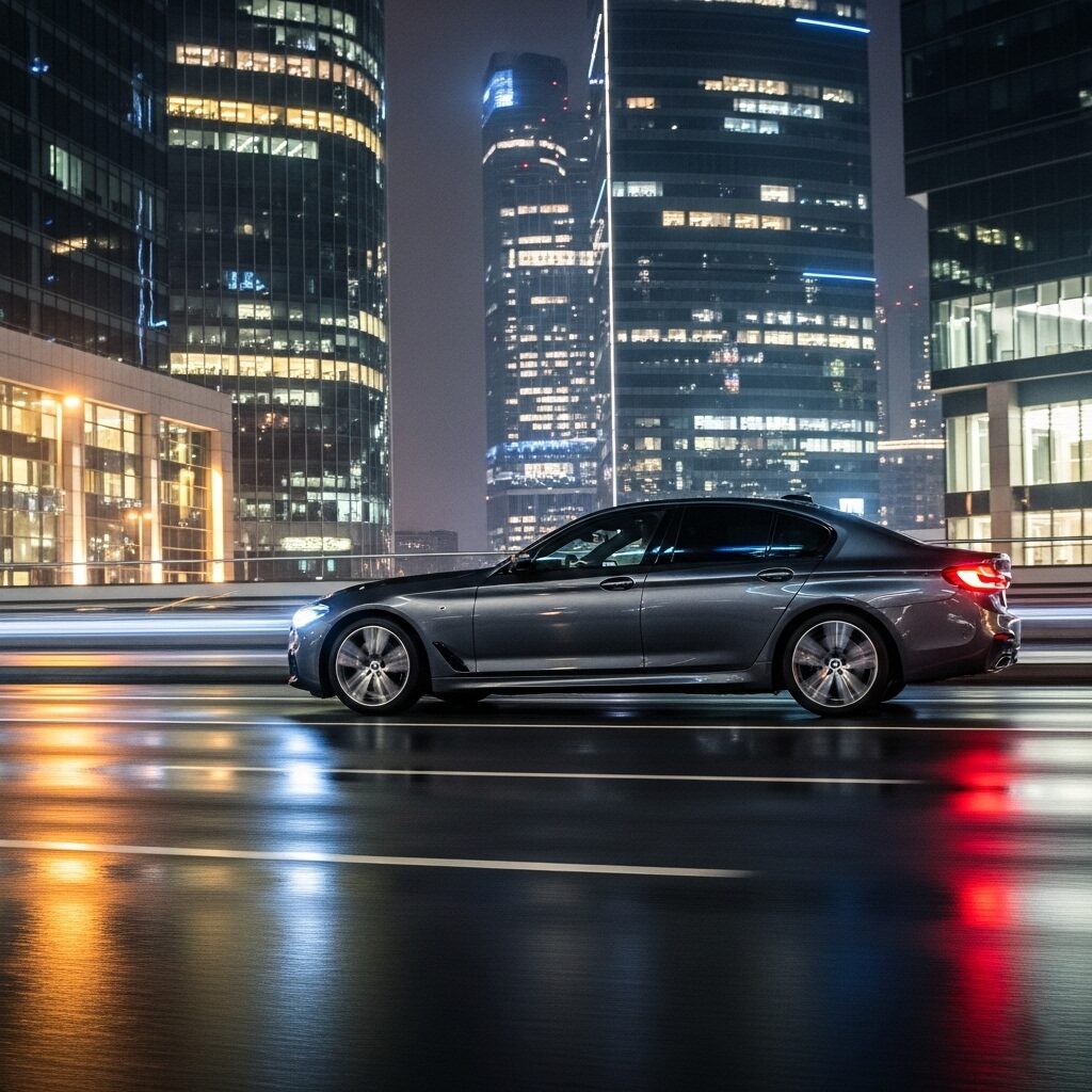bmw-bilstein-ride-comfort-adjustment 光るビル群を背景に、夜の都会の道を走るBMWの画像