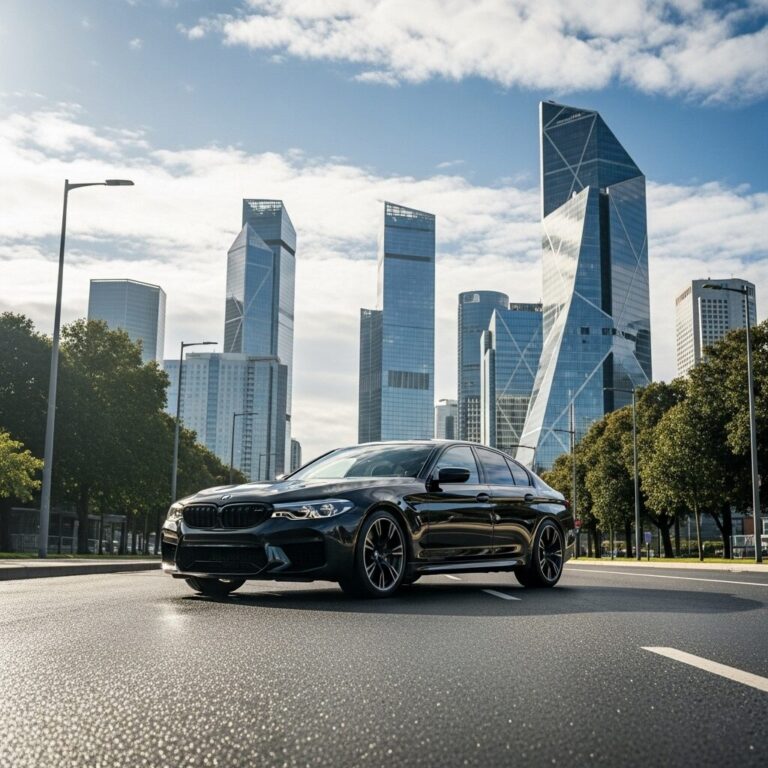 晴れた日の都会の道を走る、黒いBMWの画像