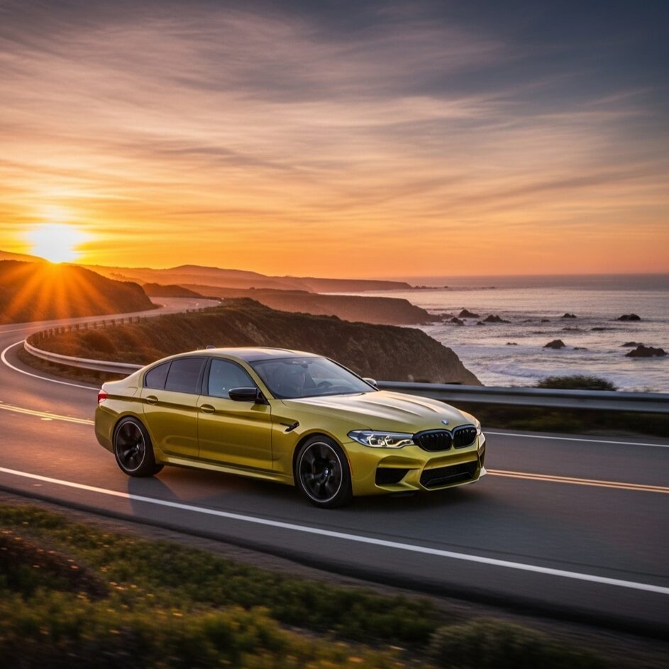 bmw-drive-longer-benefits 海岸沿いの道を夕日に照らされて走る、黄色のBMWセダンの画像