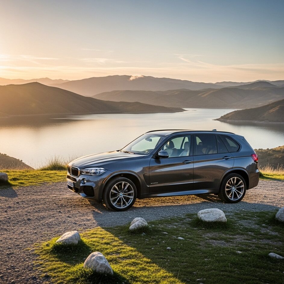 bmw-family-car-dna 湖畔の展望台に駐車してある、BMWのSUVと、その向こうに広がる山や湖の景色の画像