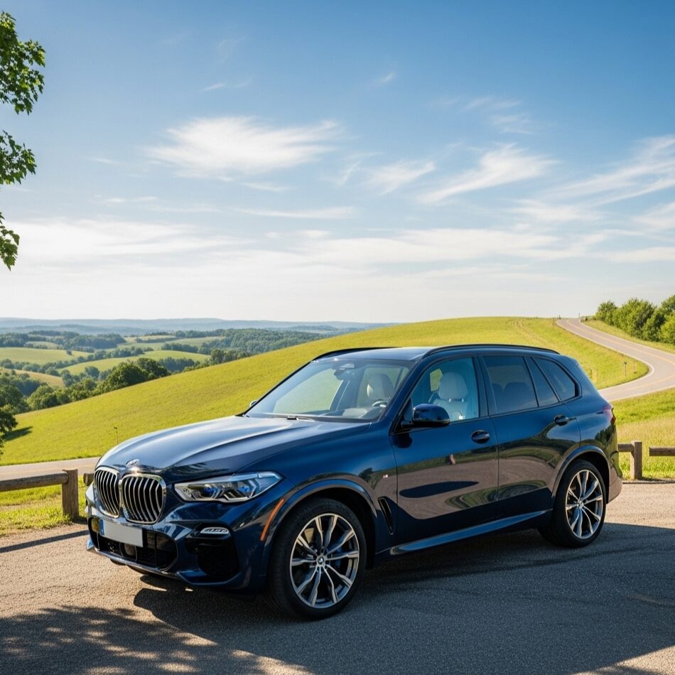 bmw-family-car-pros-cons 坂道の脇に駐車してある、青いBMWのSUVと、その向こうに広がる丘の風景の画像