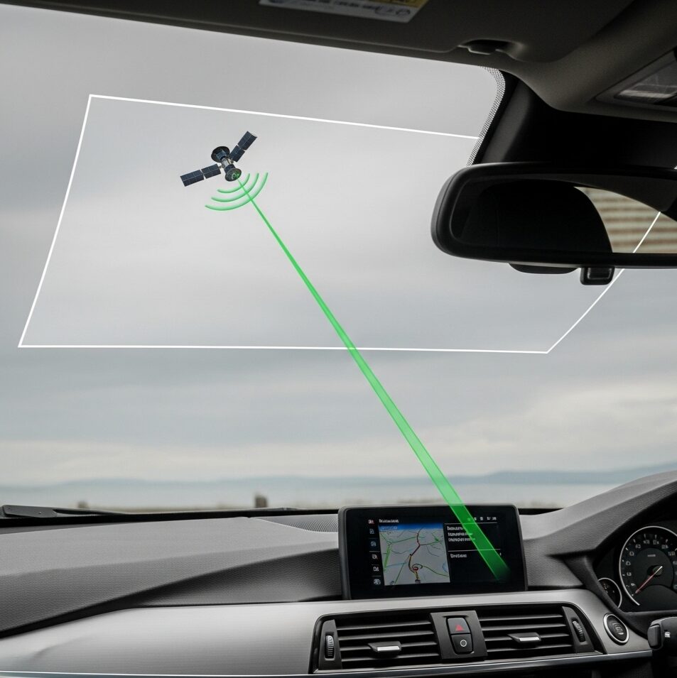 bmw-glass-radio-wave-issue ダッシュボードのGPSが、電波透過スペースを通して衛星からの信号を受信しているBMW車内の画像