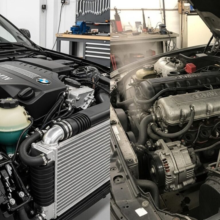 新しいBMWのエンジンベイと、古いBMWのエンジンベイを対比させた画像