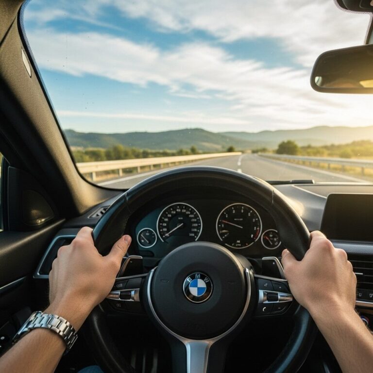 山道でハンドルを握り、遠くの景色を見ながら運転しているBMWドライバーの画像