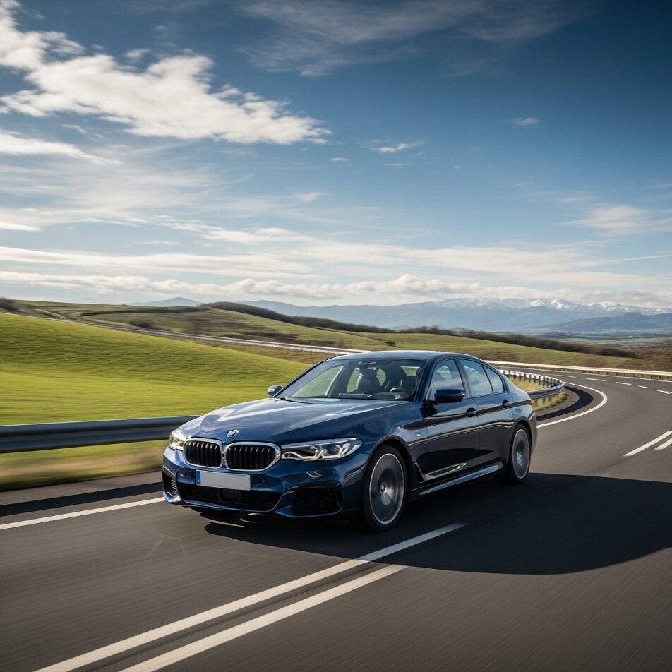 bmw-owner-positive-traits 曲がりくねった高速道路を気持ちよさそうに走る、紺色のBMWセダンの画像