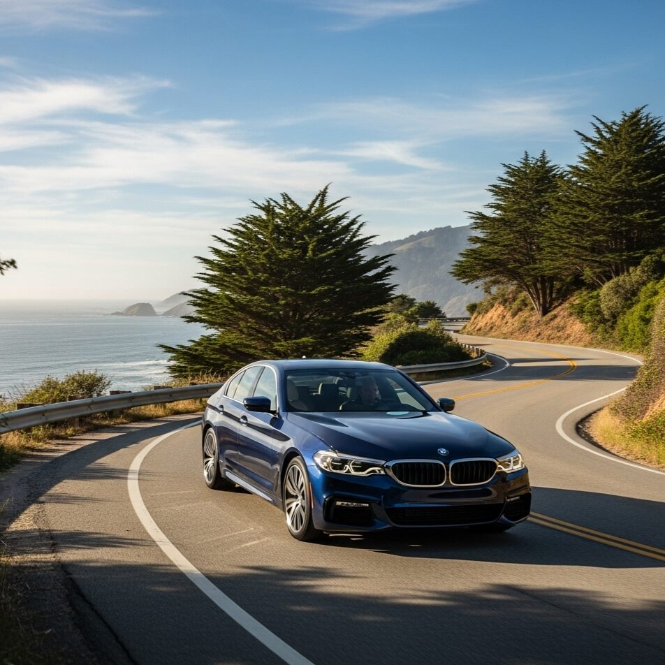 bmw-paddle-shift-pros-cons 海岸沿いの曲がりくねった道を気持ちよさそうに走る、紺色のBMWセダンの画像