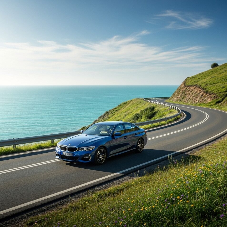 bmw-paddle-shift-usage 海岸沿いの曲がりくねった道を走る、青いBMWセダンの画像