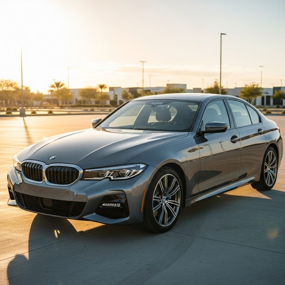屋外の駐車場に停車し、夕暮れの太陽光を浴びているBMWセダンの画像