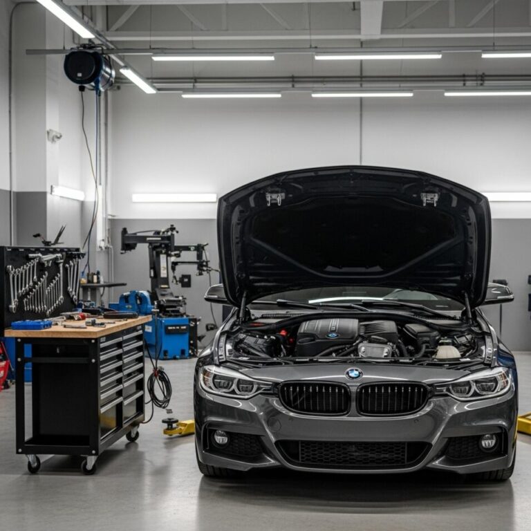 プロフェッショナルな整備工場でボンネットを開けて点検されているBMWの画像