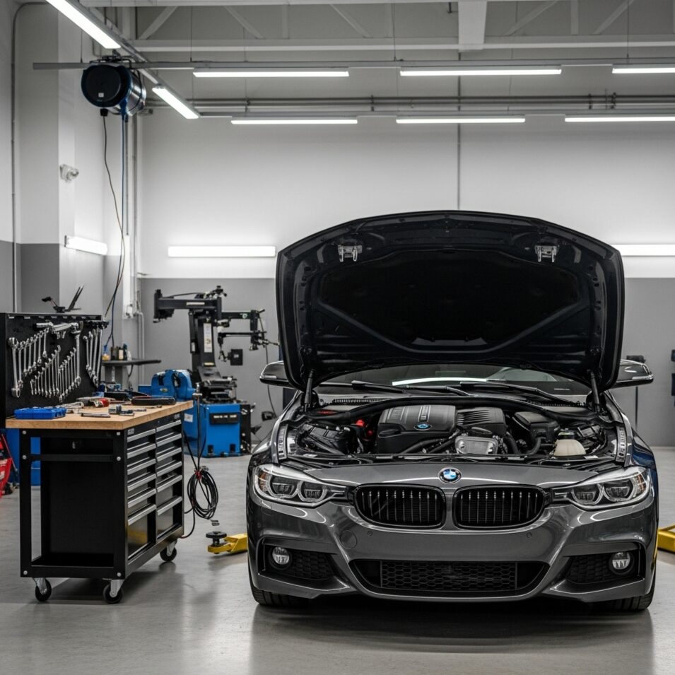 bmw-replacement-timing プロフェッショナルな整備工場でボンネットを開けて点検されているBMWの画像