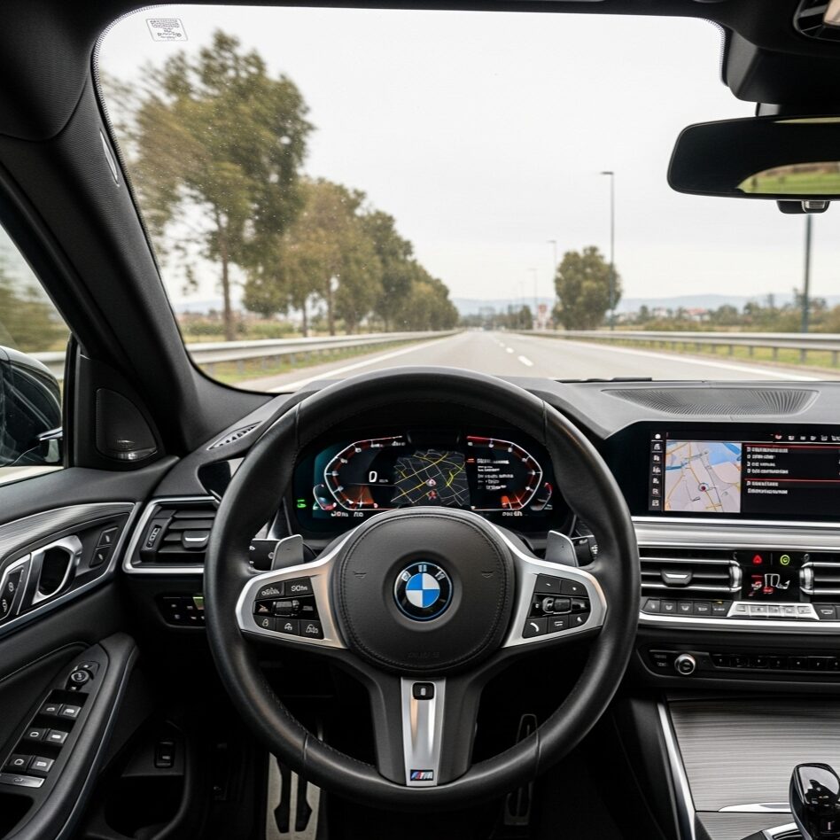 bmw-turn-signal-troubleshooting 広角で捉えられた、BMWの運転席から見た内装と、左側のウインカーレバーを写した画像