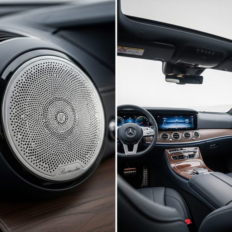 ベンツの車内に設置されたブルメスターのスピーカーと、広々とした運転席を対比させた画像