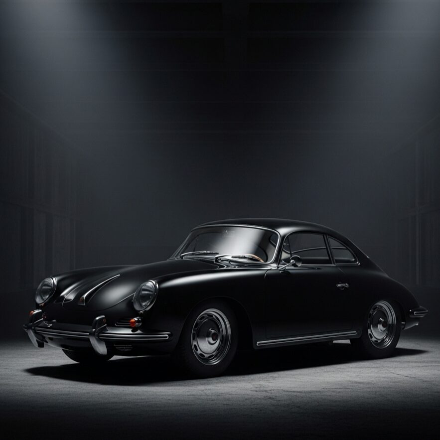 conan-gin-porsche-price 上からのスポットライトに照らされ、ボディラインが浮かび上がる黒塗りのポルシェ