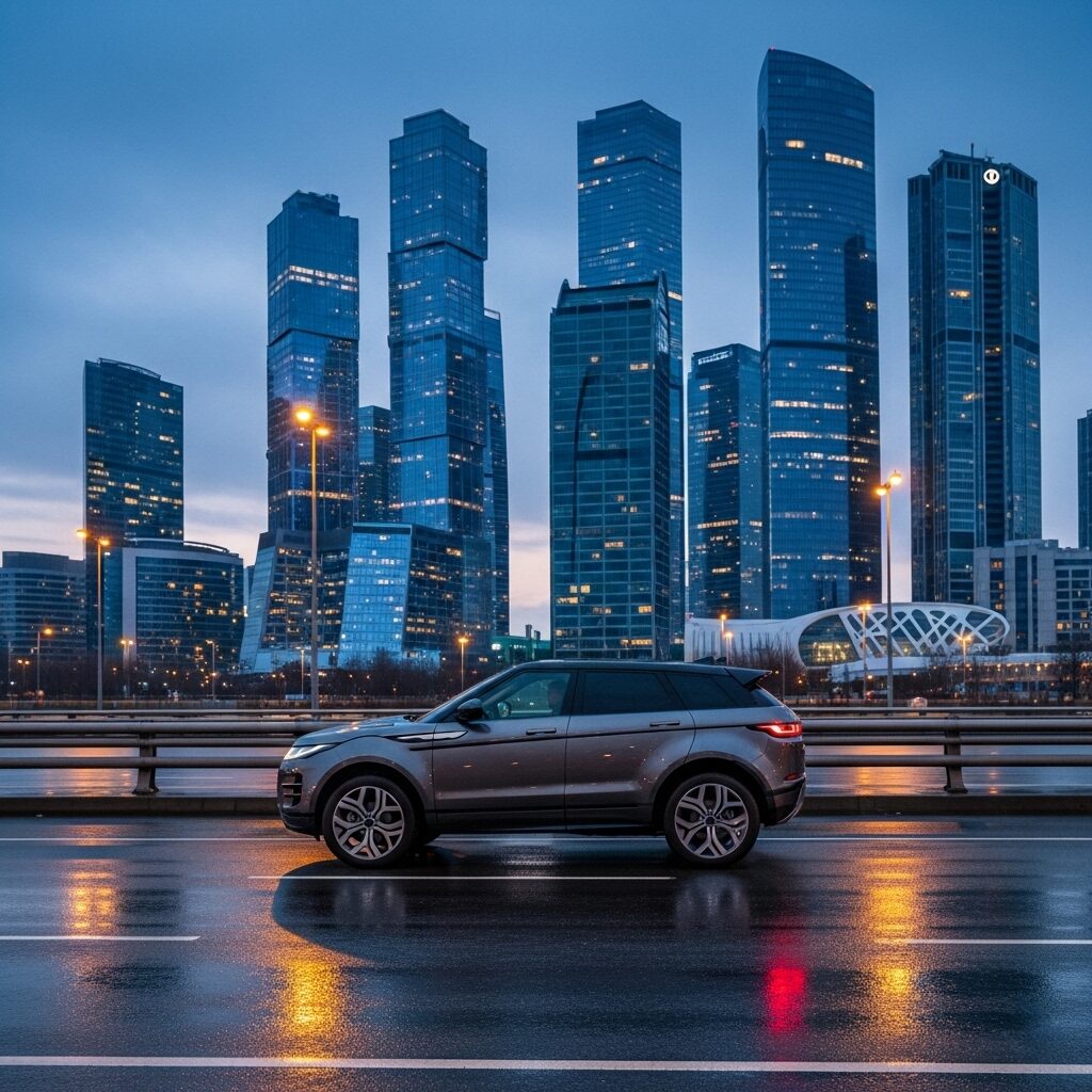 how-to-choose-your-range-rover-evoque-model ビル群が水面に反射する夜の街を走る、レンジローバー・イヴォークの画像