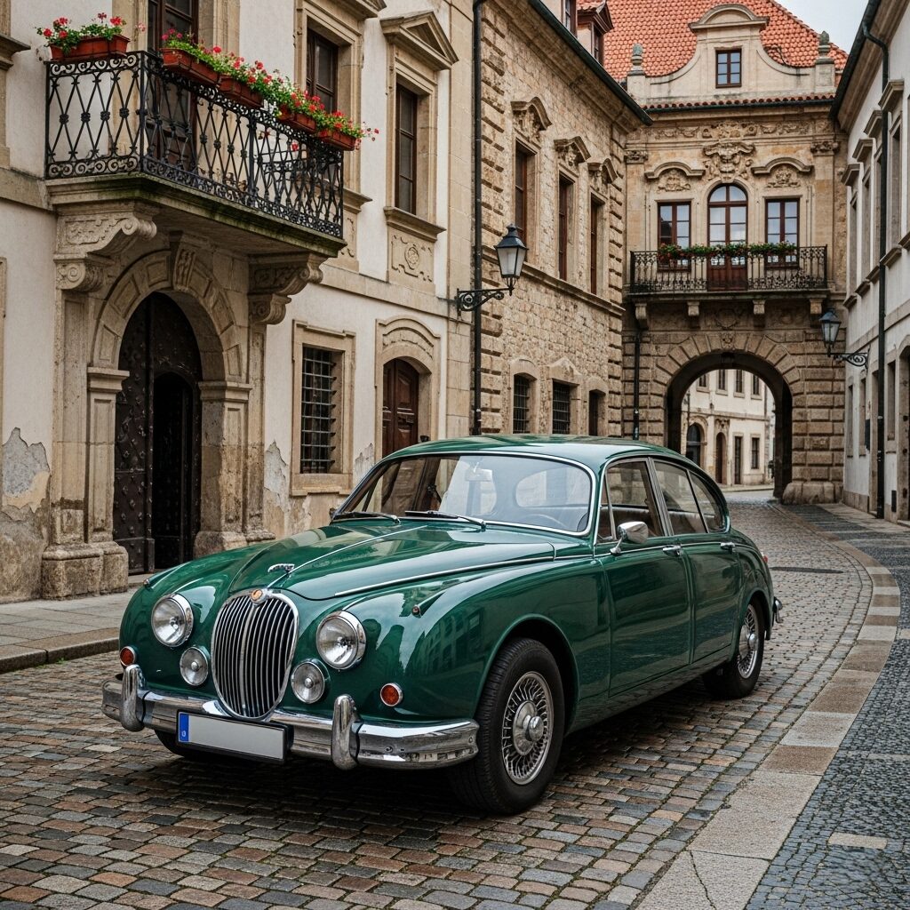 jaguars-british-character 花が飾られたバルコニーがある古い建物の前にある、緑色のジャガーのクラシックカーの画像