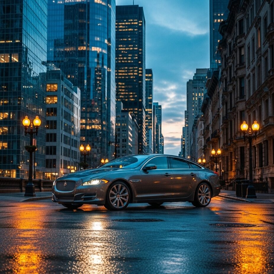 jaguars-ownership-experience-by-country 近代的なビルと古い街灯が並ぶ、雨上がりの都市の道に停まっている、ジャガーの画像