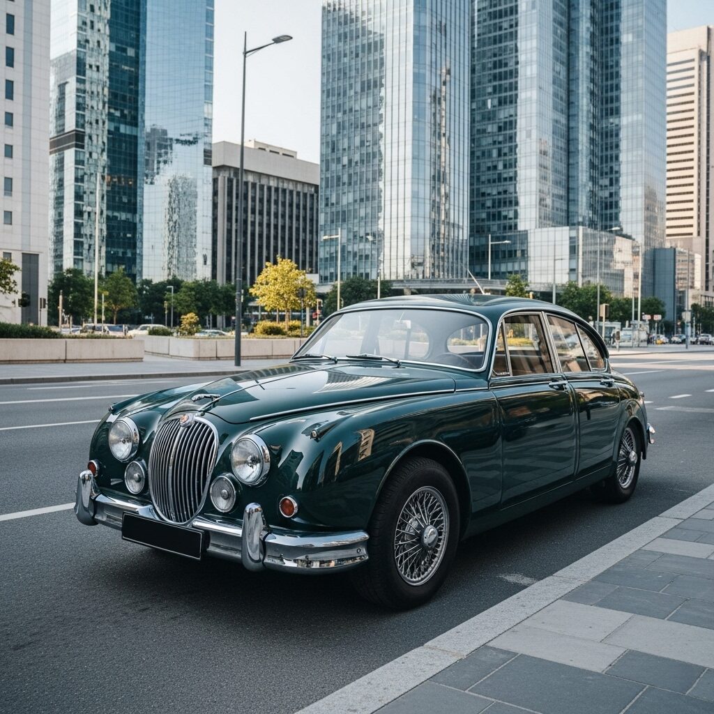 jaguars-present-and-future モダンな高層ビルが立ち並ぶ街中に停まっている、緑色のジャガーのクラシックカーの画像