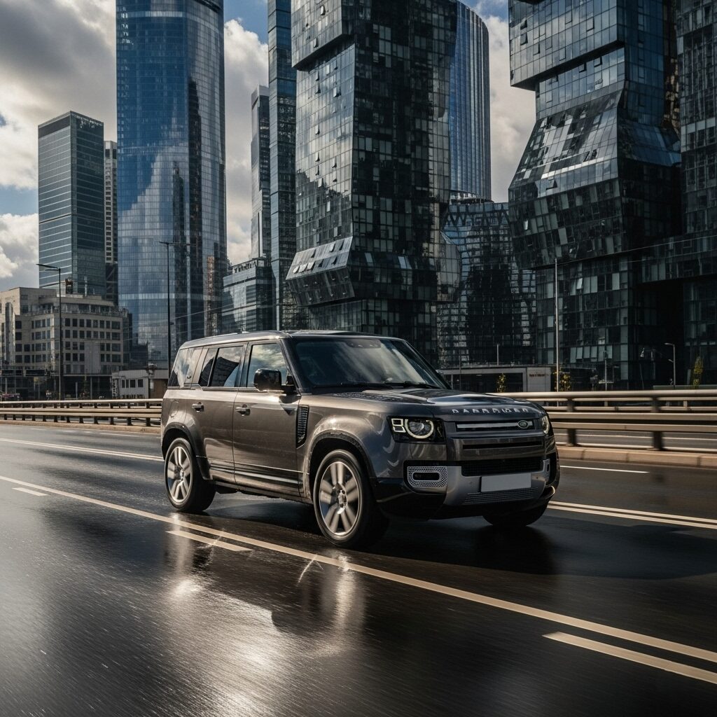 land-rover-brand-elements-history-design 光が反射する濡れた道を走る、現代的なビル群を背景にしたランドローバーの画像