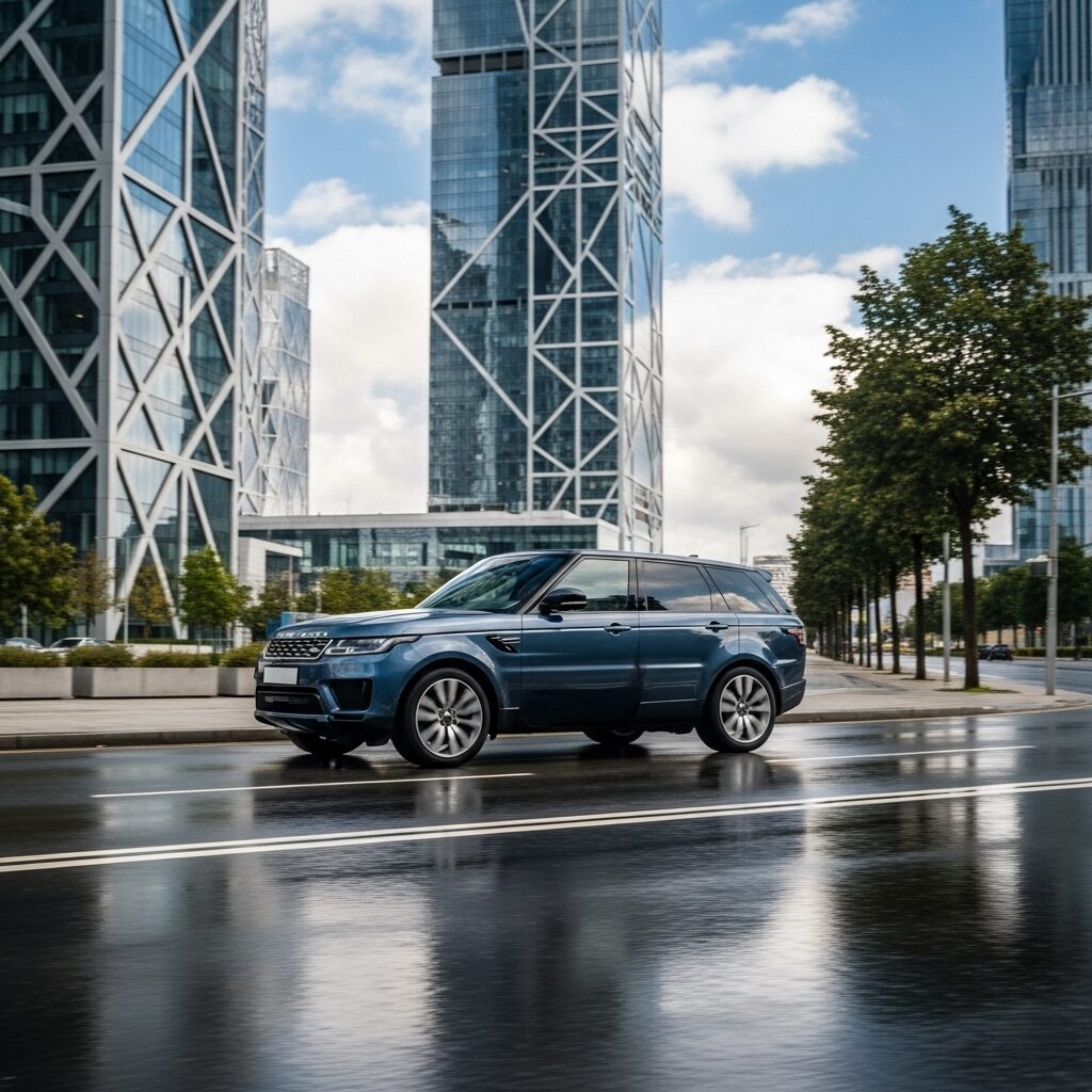 land-rover-maintenance-value ビルの光が反射する雨上がりの道を走る、青いランドローバーの画像