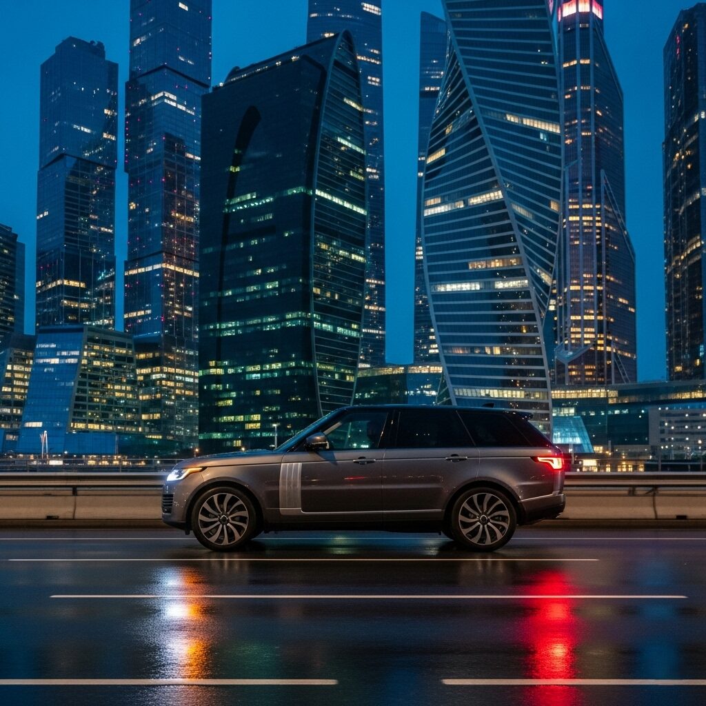 land-rover-owners-social-perception 濡れた道路に反射する光と、現代的なビル群を背景に走るランドローバーの画像
