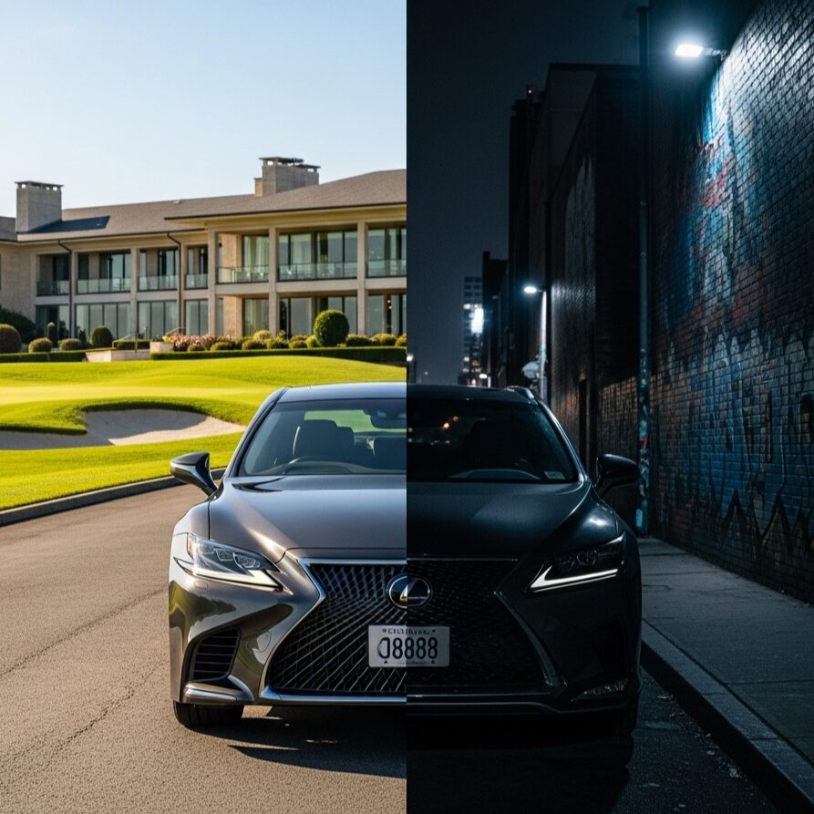 lexus-8888-reputation ゴルフクラブのある豪華なカントリークラブのドライブウェイに駐車されている、明るい日差しの当たる左側と、落書きのある暗い路地にいる暗い右側という、対照的な環境にいるレクサス LSセダン。ナンバープレートには「8888」と表示されている画像