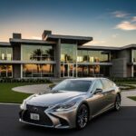 高級な現代建築の住宅の前に駐車されているシルバーのレクサス LS 500。ナンバープレートには「8888」と表示されており、夕焼けが美しく映り込んでる画像
