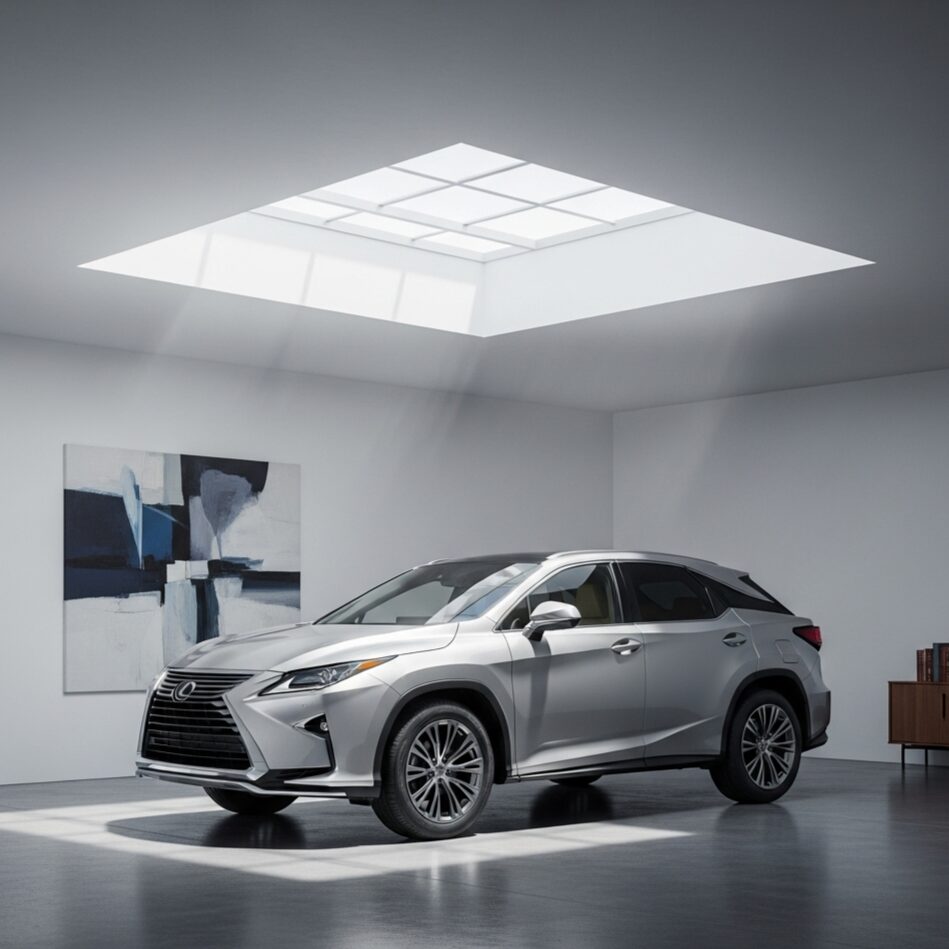ミニマリストなデザインのガレージに駐車されているシルバーのレクサス RX SUV。天井からは自然光が差し込み、ガレージ内にはモダンな絵画と棚が配置されているの画像
