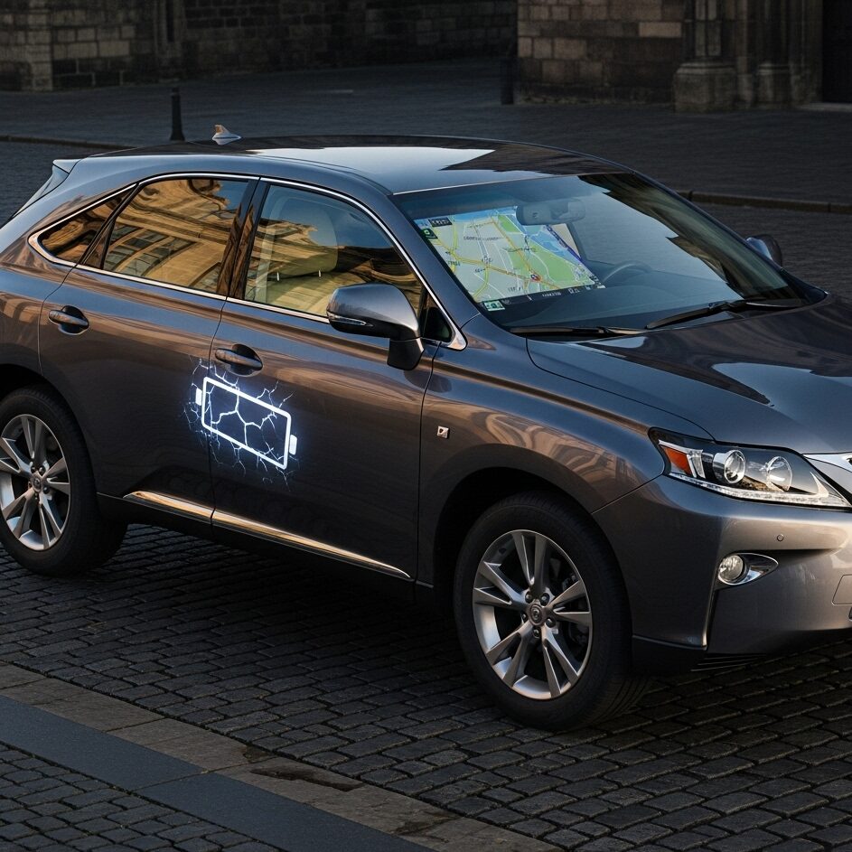 lexus-buying-mistakes ヒストリックなヨーロッパの都市の石畳の通りに駐車されている、グレーのレクサス RX SUV。車体の側面には、ひび割れたハイブリッドバッテリーのアイコンがかすかに光り、フロントガラスには古いナビゲーション画面がぼやけて映ってる画像