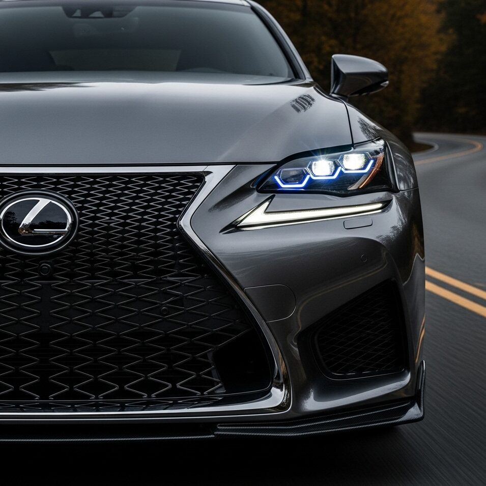 lexus-demerits 躍動感あふれるワインディングロードを走る、濃いグレーのレクサス F SPORTセダンを、真正面から捉えた画像