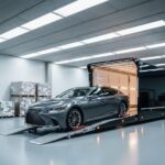 高級なロジスティクス施設で、専用の積載車に丁寧に積み込まれているグレーのレクサス LS 500セダンの画像