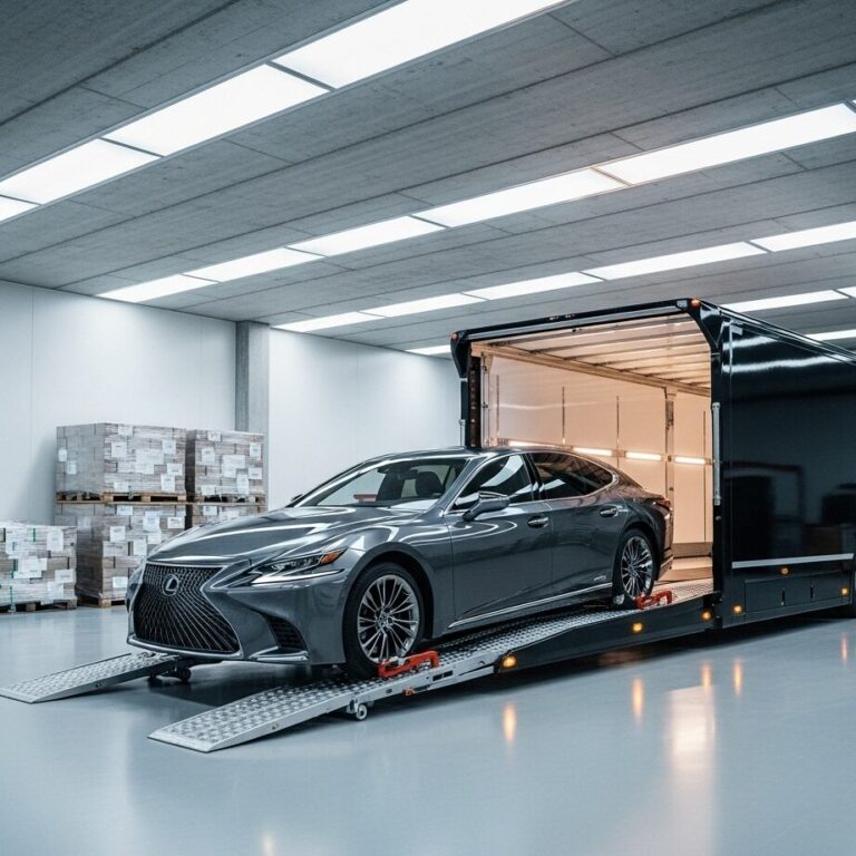 高級なロジスティクス施設で、専用の積載車に丁寧に積み込まれているグレーのレクサス LS 500セダンの画像