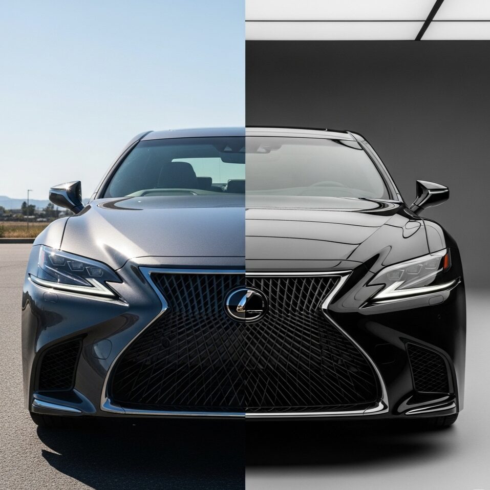 lexus-graphite-black-glass-flake-difference 日光の下で輝く「グラファイトブラックガラスフレーク」の左半分と、スタジオの照明で鏡のように滑らかな「ブラック【212】」の右半分という、2つの異なる黒の塗装が施されたレクサス LSセダンの画像