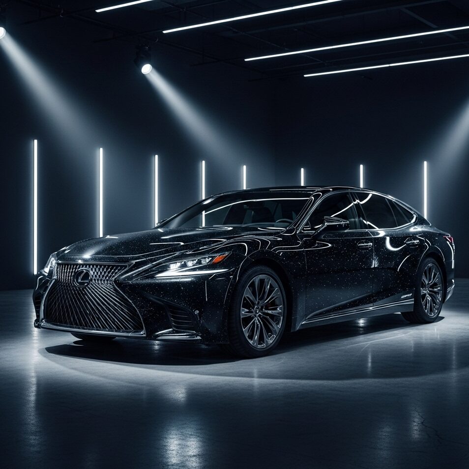 lexus-graphite-black-glass-flake-guide ドラマチックな照明のハイテクスタジオに駐車されている、グレーのレクサス LSセダンの画像