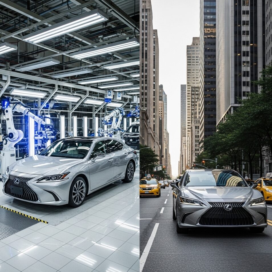 日本にある、清潔でハイテクな工場に置かれた右ハンドルのレクサス ESセダンと、北米の賑やかな街中に置かれた左ハンドルのレクサス ESセダンを対比させた画像