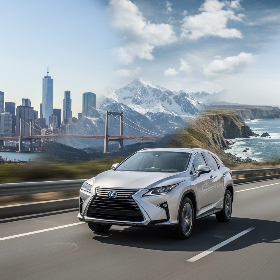 lexus-high-mileage-reason シンガポールの高層ビル群、雪を頂いた山々、海岸線と海を背景に、高速道路を走るシルバーのレクサス RX SUVの画像