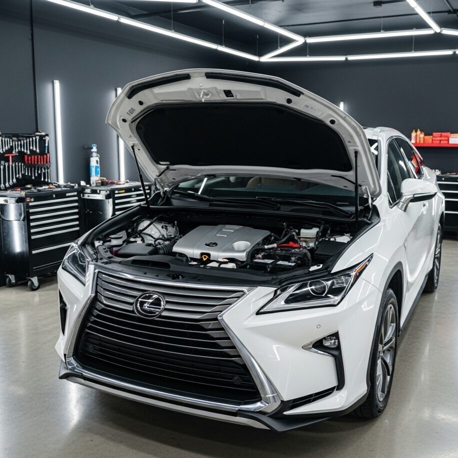 lexus-maintenance-guide レクサス RX SUVのエンジンルームを開けている、清潔なガレージの画像
