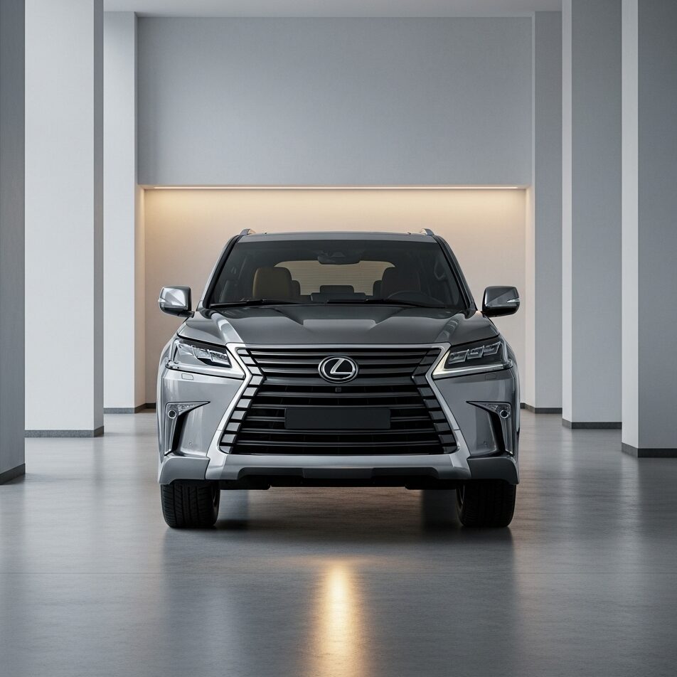 lexus-merits 広々としたショールームの中央に、メタリックグレーのレクサス LX SUVが駐車されている様子を正面から捉えた画像