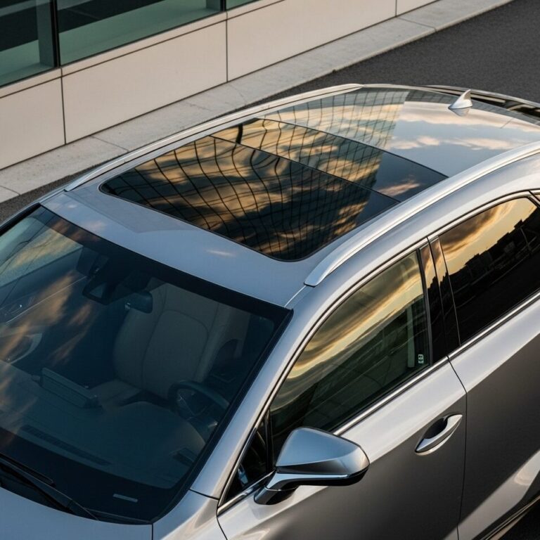 モダンな建物の壁と夕焼けの空を反射している、グレーのレクサス NX SUVのパノラマガラスルーフの画像