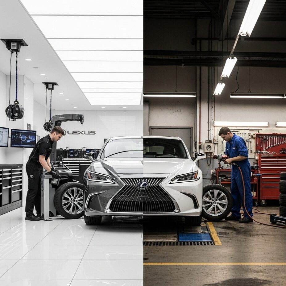 lexus-tire-change-cost ピカピカに磨かれたディーラーのガレージでタイヤ交換されている左側と、一般的な工場で交換されている右側という、対照的な環境で整備されているレクサス ESセダンの画像