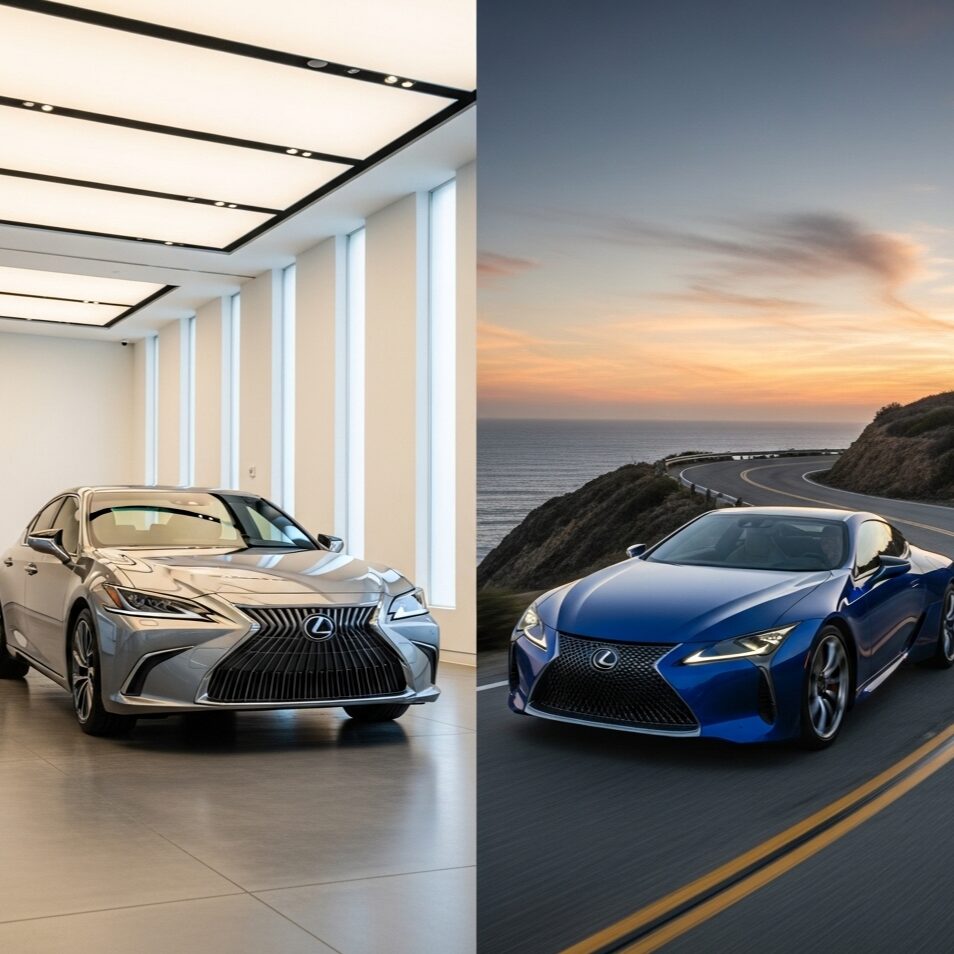 lexus-true-value 高級感のあるショールームに置かれたシルバーのレクサス ESセダンと、夕暮れの海岸沿いの道を走るブルーのレクサス LCクーペを、それぞれ正面から捉え、同じアングルで対比させた画像