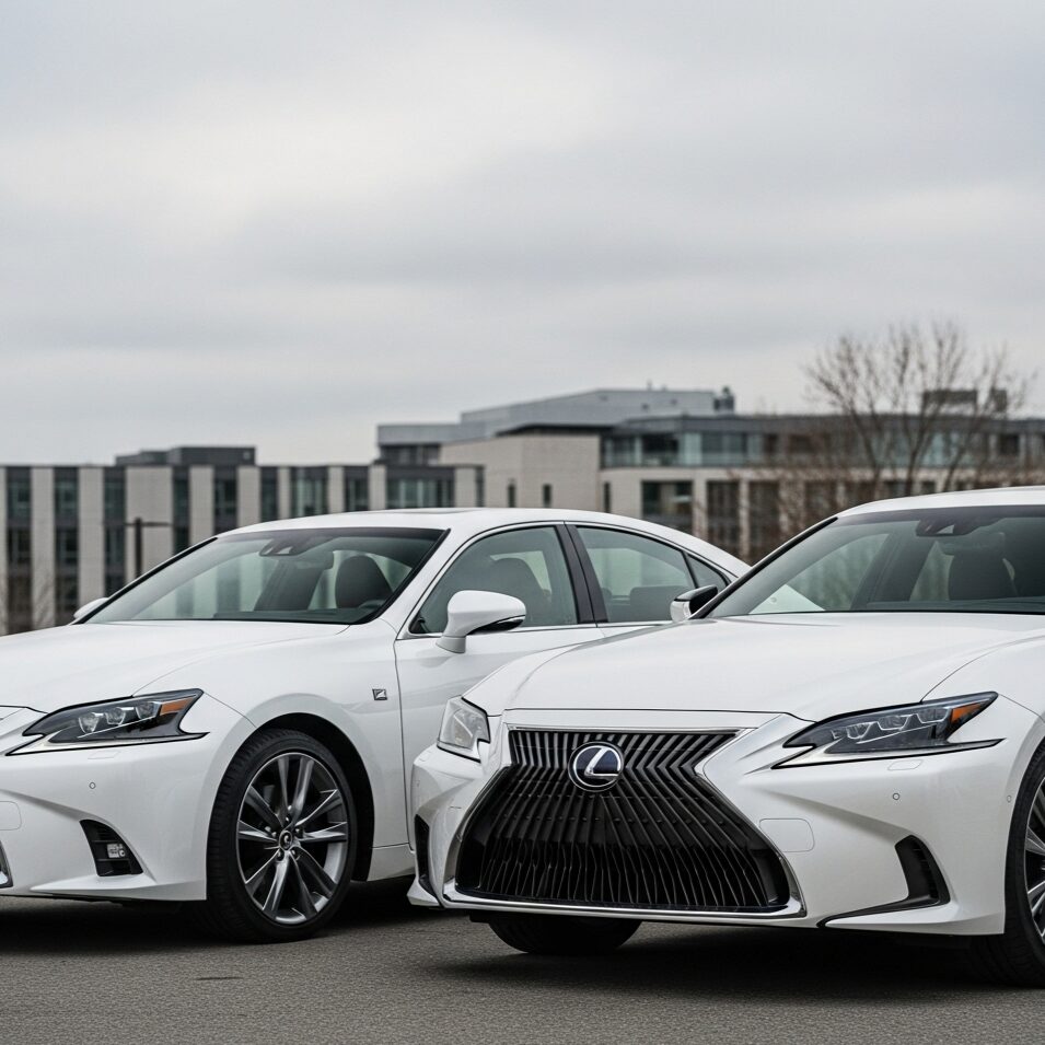 lexus-white-emotional-reasons 曇り空の下に駐車された、ホワイトノーヴァガラスフレークのレクサスセダンとソニッククォーツのレクサスセダンを並べて写した画像