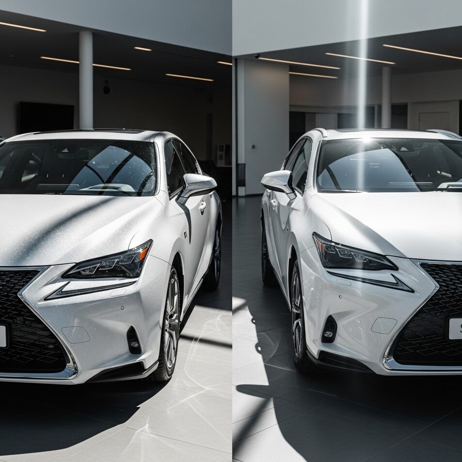 lexus-white-technical-difference ホワイトノーヴァガラスフレークのレクサスとソニッククォーツのレクサスが並んでおり、ホワイトノーヴァガラスフレークの方がよりシャープで点状に光を反射し、ソニッククォーツの方はより滑らかで深みのある光沢を放っている様子の画像