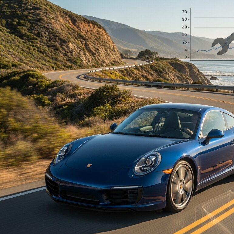 porsche-10y-maintenance-guide 海岸線を走る青いポルシェと、その優れたコスト効果を示すグラフを合成したイメージ画像
