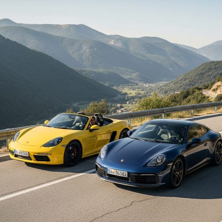 山道に停車している、黄色いポルシェ718と青いポルシェ911