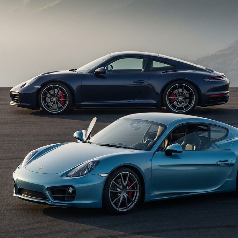 porsche-cayman-cheap-reason-vs-911 ブルーとターコイズブルー、2台のポルシェが並んで駐車している
