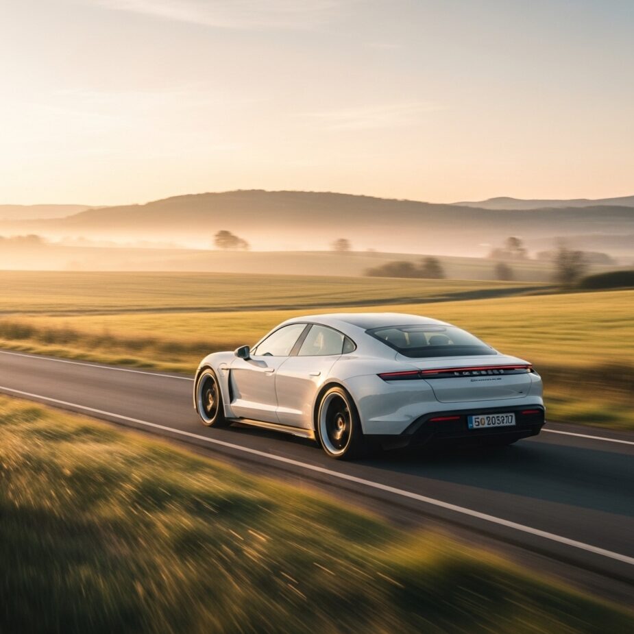porsche-commute-benefits 夕日をボディに反射させ、オレンジ色に輝きながら草原の道を遠ざかる白いポルシェ