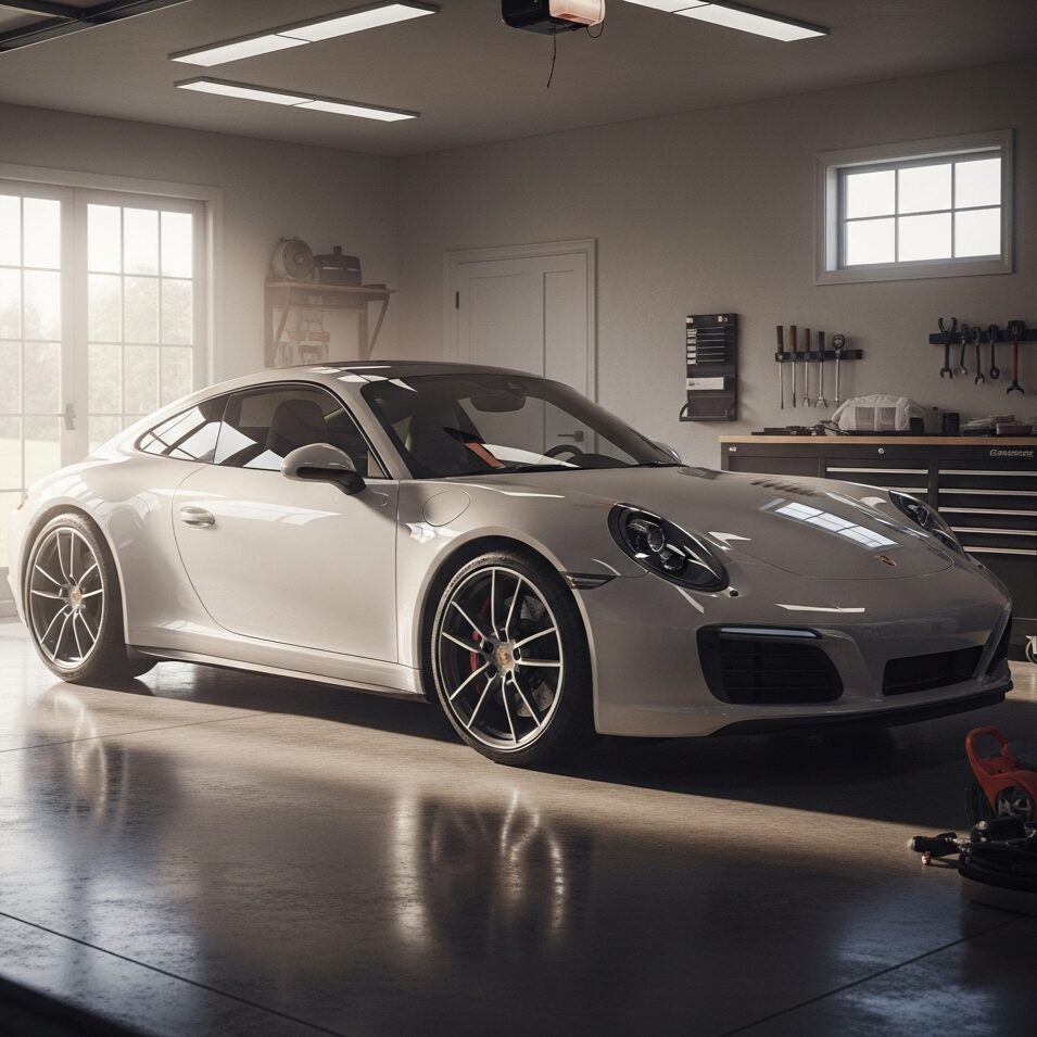 porsche-commute-risks-value 自宅のガレージに停められ、照明を反射して綺麗になった白いポルシェ